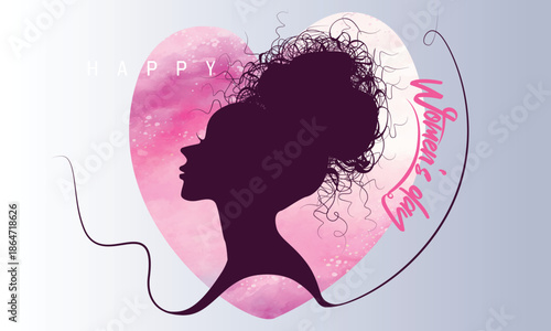 8th March International women's day, Women's Day hand-drawn lettering. line drawing of a woman, Silhouette art of woman with curly hair bun, black woman silhouette.eps