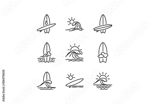Vector Minimalist Black Line Art Surfboards with Waves and Sun, Summer Theme Design.