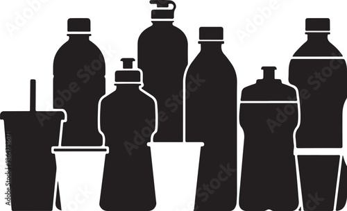 Black and white plastic bottles and cups illustration