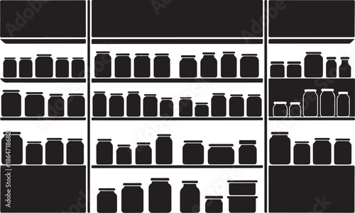 Black and white illustration of jars on shelves storage