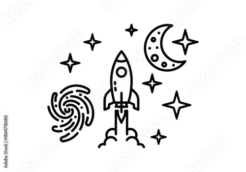 Vector Minimalist black line art of a launching rocket ship surrounded by stars, a crescent moon, and a spiral galaxy.