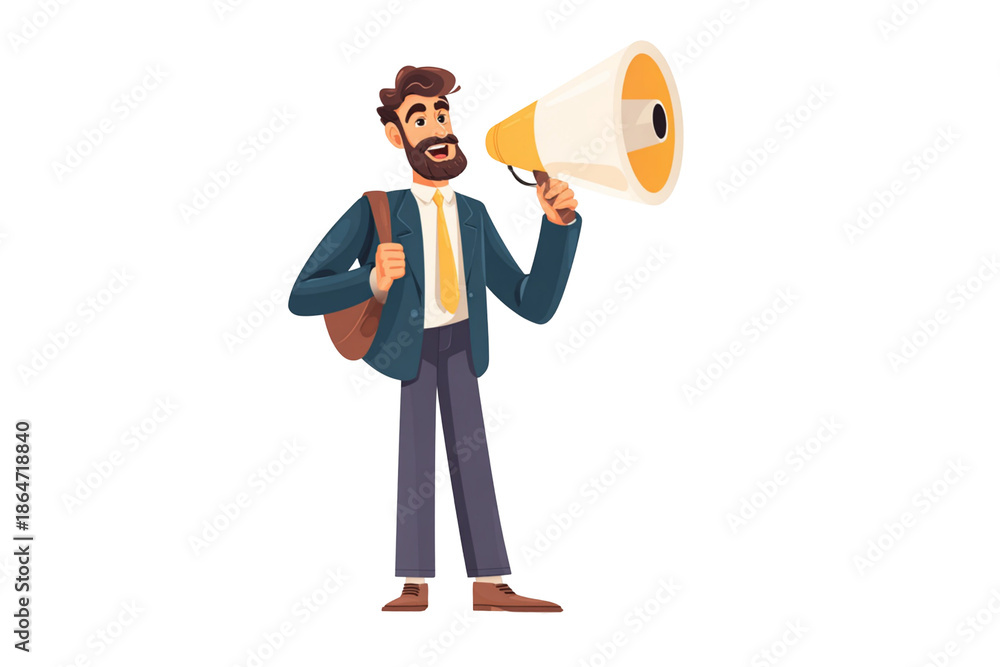 Fototapeta premium Cartoon man with beard holding a megaphone wearing a suit and tie with a bag over his shoulder