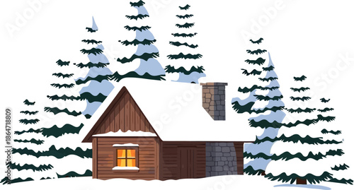 Charming wooden winter cabin nestled among snow-covered pine trees with smoke gently rising from the stone chimney on a bright holiday day.