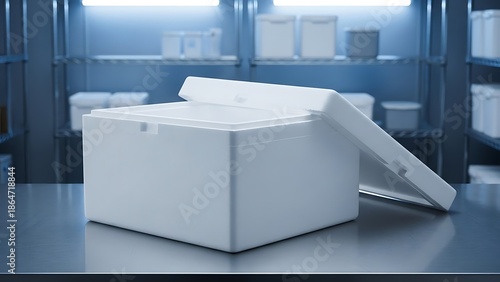 White Styrofoam Cooler Box with Open Lid on a Metal Table in a Laboratory Setting.