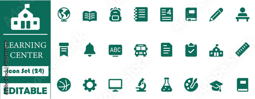 Clean line Learning Center icon set with 24 education symbols including books, school, science, art and study tools. Ideal for apps, websites, UI design, e-learning and print projects.
