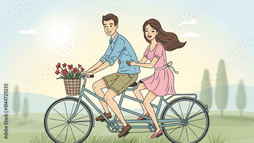 A cartoon illustration of a happy couple riding a tandem bicycle through a serene landscape