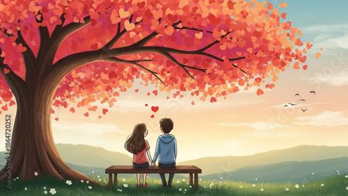 A vector illustration of a couple sitting on a bench under a heart-shaped leaf tree at sunset