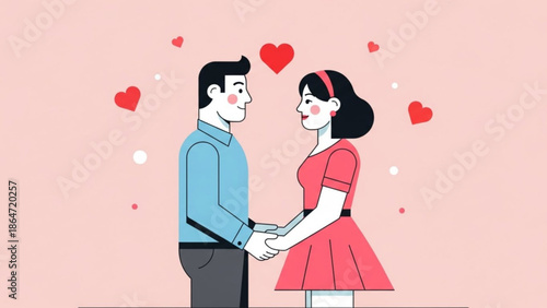A cartoon illustration of a loving couple holding hands with hearts around them