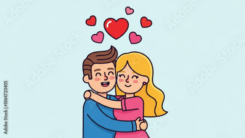 A cartoon illustration of a happy couple embracing with hearts above them in a vector graphic design