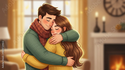 A warm and cozy illustration of a couple embracing in a living room with a fireplace
