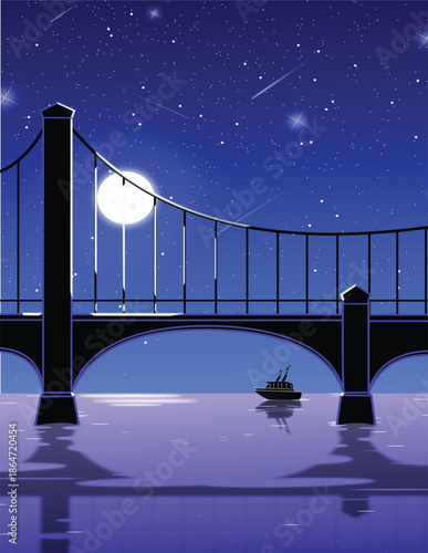 A majestic suspension bridge illuminated by a full moon and scattered stars over a tranquil purple bay with a small ship sailing by creating a serene and beautiful night scene vector illustration.