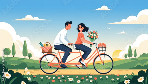 A cartoon illustration of a happy couple riding a bicycle together in a beautiful landscape