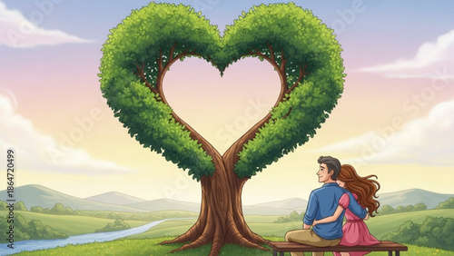 A loving couple sitting together under a heart-shaped tree in a serene natural landscape