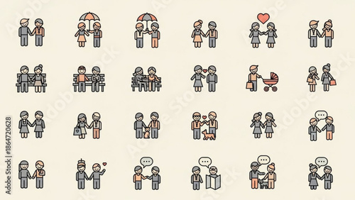 A set of minimalist vector icons depicting various human relationships and interactions in a flat design style