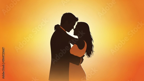 A romantic couple embracing in a loving silhouette against a vibrant orange sunset background