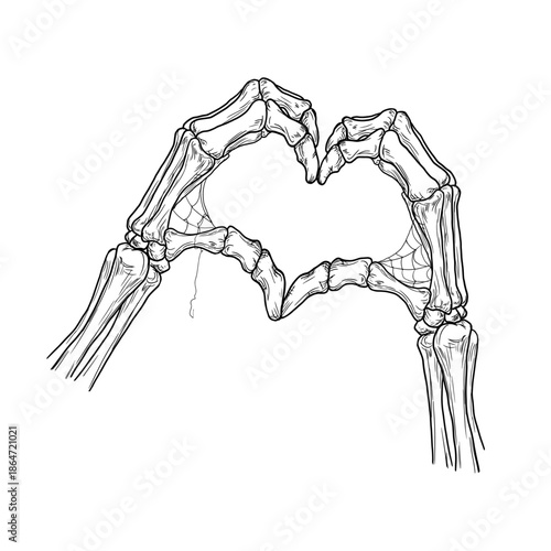 Skeleton hand with bony fingers, heart gesture, black and white sketch. Vector illustration. Man's hand isolated on white background. For stickers, greeting cards for Halloween and Valentine's Day