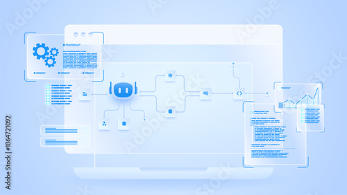 AI workflow automation artificial intelligence. ai agent workflow diagram dashboard machine learning showing node input, processing step, ai model and process flow.
