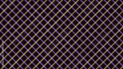 Plaid Pattern with Diagonal Purple and Yellow Lines on Dark Background, Seamless Texture