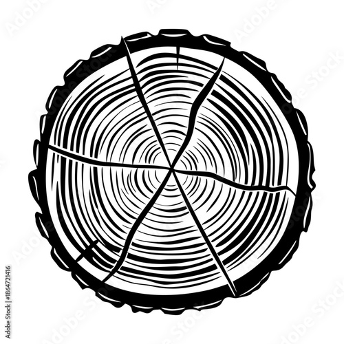 Tree Trunk Cross Section with Cracks Black and White Illustration.