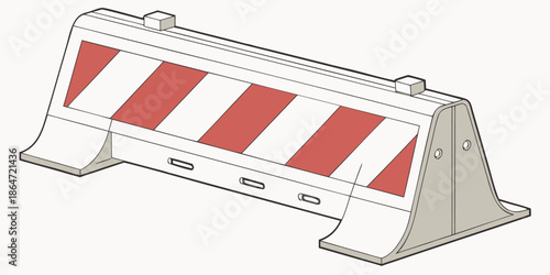 Three plastic road safety barriers in red and white, isometric vector illustration with ventilation holes and detailed texture, isolated on white background.