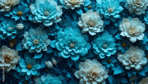 Floral pattern processed in a vivid turquoise-blue tint, giving a unified and modern look. The image features layered flowers and leaves with gentle transitions of brightness, subtle .