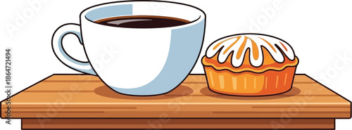 Simple cartoon illustration featuring a white ceramic coffee mug filled with dark beverage resting beside a small frosted pastry on a wooden plank surface.