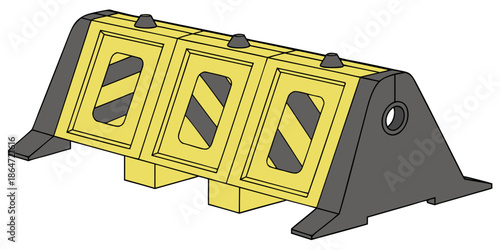 Vector isometric impact block barrier in visibility yellow with black accent features, premium industrial design, isolated on white background.