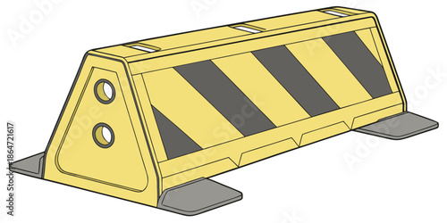 Road safety barrier in isometric view, bright yellow impact block with black accent details, clean industrial vector style on white background.