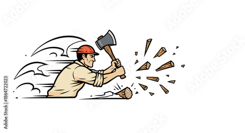 A strong woodcutter with an axe is energetically chopping timber, sending splinters flying in a dynamic, action-packed illustration.