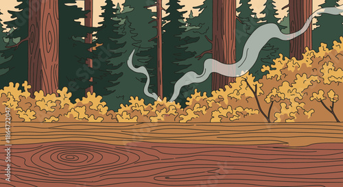 A beautifully illustrated forest scene with tall pine trees, golden bushes, and wisps of smoke, perfect for a rustic outdoor background.