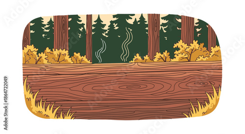 A captivating hand-drawn illustration presents a serene forest scene with towering trees, golden foliage, and a rustic wooden log in the foreground.