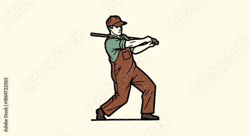 A vintage-style illustration depicts a determined man in work overalls and a cap, powerfully swinging a baseball bat with focused intensity.
