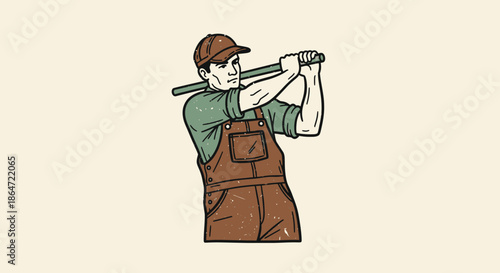A vintage-style illustration depicts a hardworking man in overalls and a cap, powerfully swinging a tool, embodying dedication and manual labor.