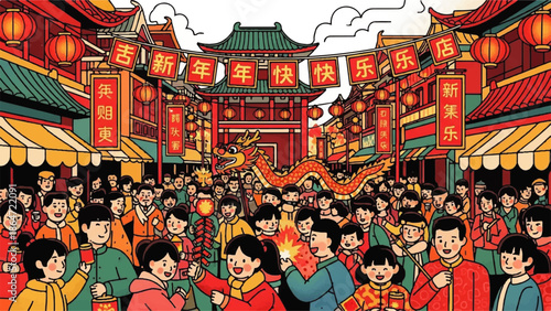 Vibrant Chinese New Year Celebration Crowd in Traditional Clothing Gathering at Bustling Street Market Scene