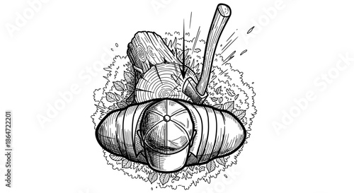 An illustrative overhead view captures a person diligently chopping firewood with a sharp axe amidst scattered wood chips and logs, depicting manual labor.