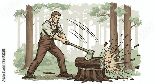 A determined man in work clothes powerfully chops a thick wooden log with a sharp axe amidst a serene forest, demonstrating traditional manual labor.