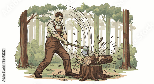 A strong lumberjack vigorously chops a large log with an axe in a lush forest, demonstrating hard work and traditional craftsmanship.
