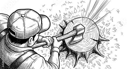 A determined worker in a cap and overalls vigorously chops a tree stump with an axe, illustrating hard labor and deforestation efforts.