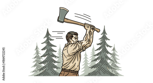 A vintage-style illustration portrays a muscular man in a woodland setting, preparing to chop wood with a heavy axe, representing physical effort.