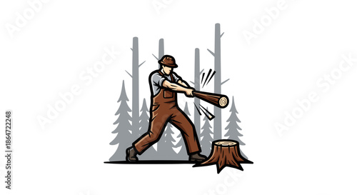 An illustration of a determined lumberjack in work overalls and a hard hat vigorously chopping down a tall tree in a forest, with a fresh tree stump nearby.