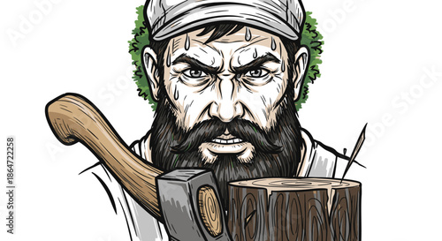 A fierce, bearded woodsman in a cap, with an intense and sweaty expression, holds an axe near a chopped log, symbolizing raw strength and dedication.