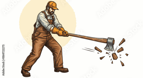 A determined lumberjack, wearing protective gear, vigorously chops a piece of wood with a sharp axe, creating flying splinters in this detailed illustration.