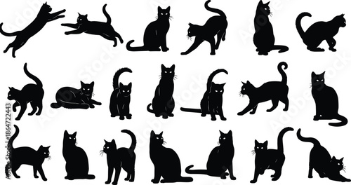 Black cat silhouette collection with various feline poses, sitting, stretching, jumping and walking, domestic pet animal vector illustration set, isolated white background,