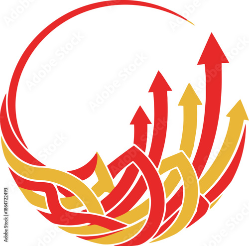 Abstract circular design featuring interwoven red and gold upward pointing arrows symbolizing growth progress and successful trajectory in a dynamic motion graphic element