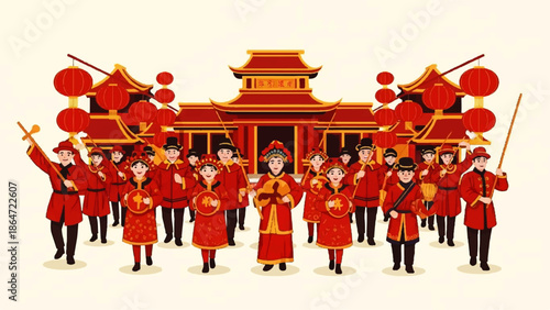 Celebrating Chinese Year Day with Traditional Dance Performance in Front of an Ornate Temple