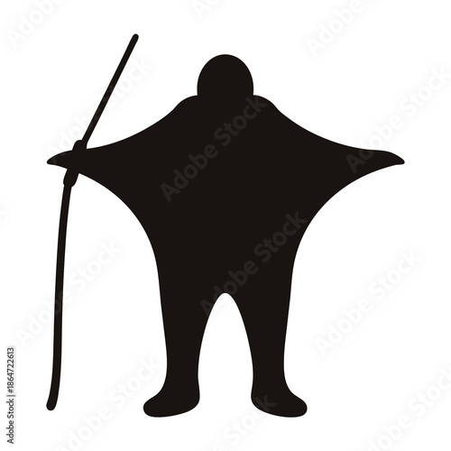 Silhouette of a strange humanoid figure holding a staff or branch