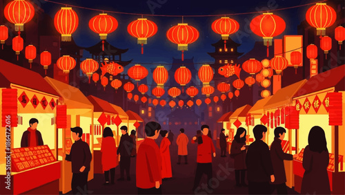 Vibrant Chinese Year Day Celebration at Night Market with Lanterns and People
