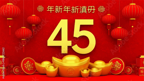 Celebrating Chinese Year Day with Golden Ingots and Lanterns on a Vibrant Red Background