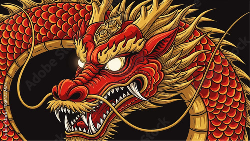 Vibrant Chinese Year Day Celebration Page Illustration Page Page Page Floating Glow red dragon head with fiery mane, scales, and sharp teeth against a solid black Page background Page