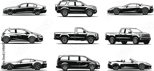 Car silhouette set with various vehicle types including sedan, suv, sports car, pickup truck, hatchback and minivan, automotive vector illustration, isolated white background,